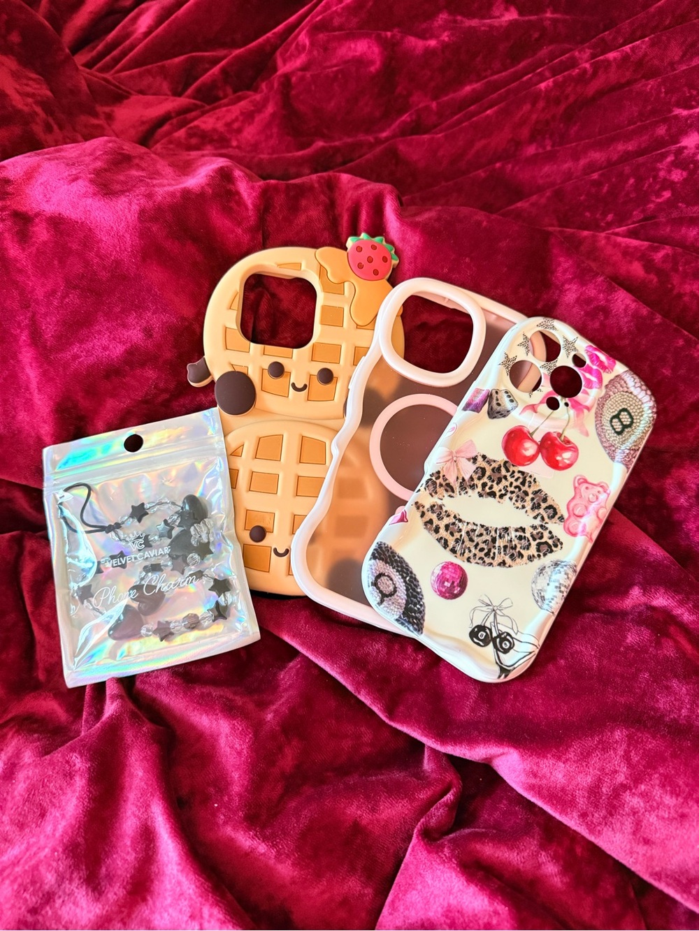 Velvet Caviar Pink Waffle + Patterned Cherry Leopard Phone Case Bundle